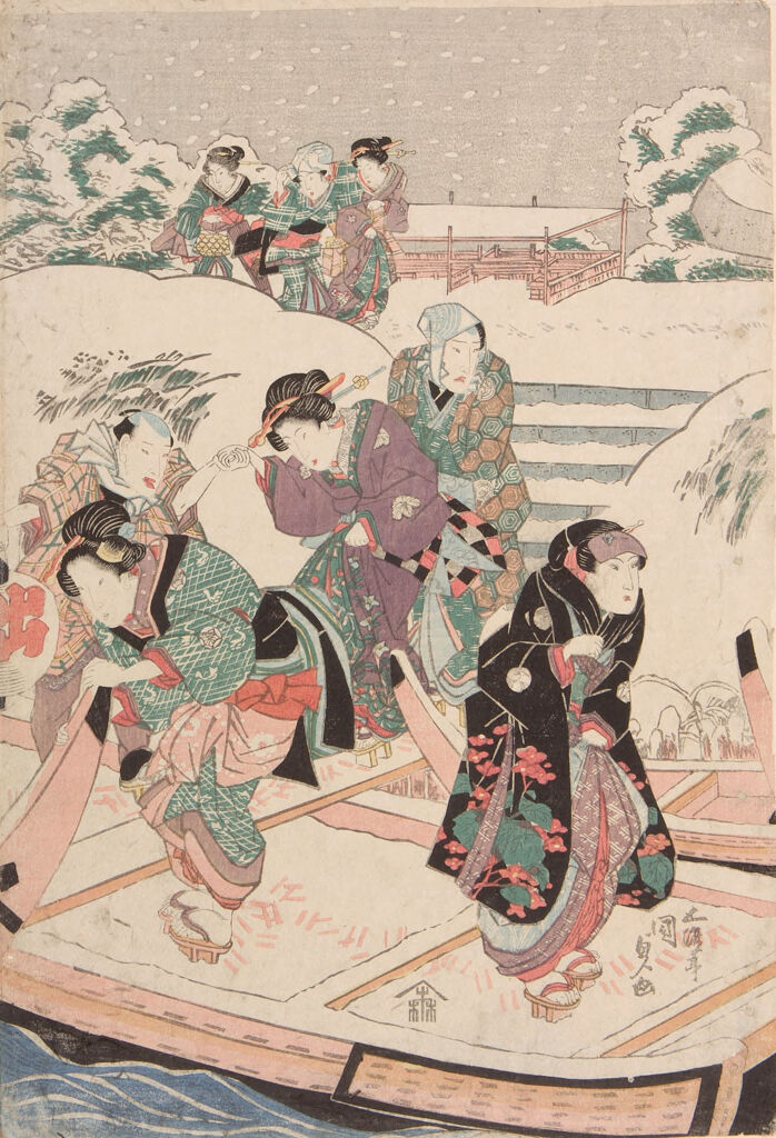 Evening Snow At Mimeguri (Mimeguri No Yosetsu) - Actors And Courtesans Getting On A Boat