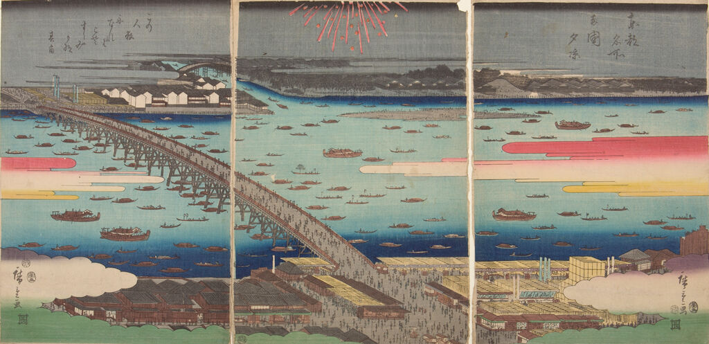 Triptych: Famous Places Of The Eastern Capital: Evening Cool At Ryōgoku Bridge