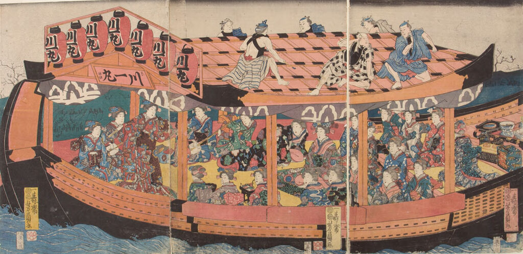 Triptych: Pleasure Barge With Laborers On Roof
