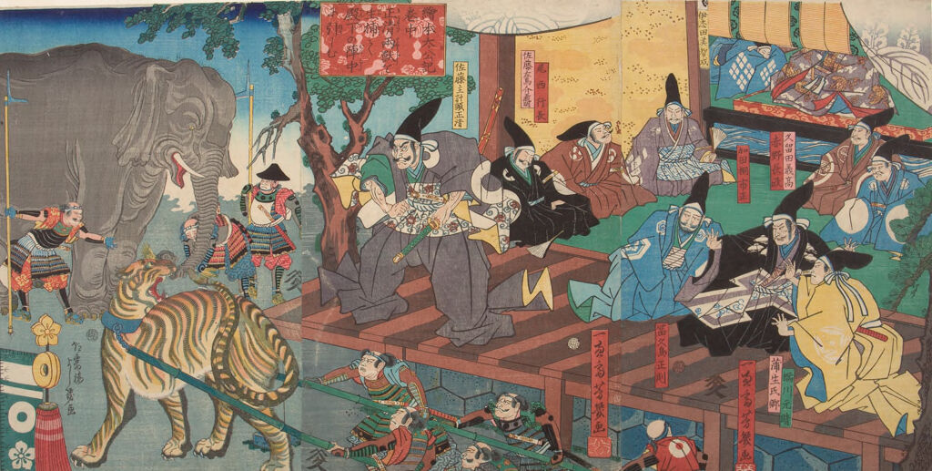 Triptych: Kiyomasa Ryōjū O Ikedorite Denka No Jinchū Ni Hikashimu (Ehon Taikōku: Maki Chū)