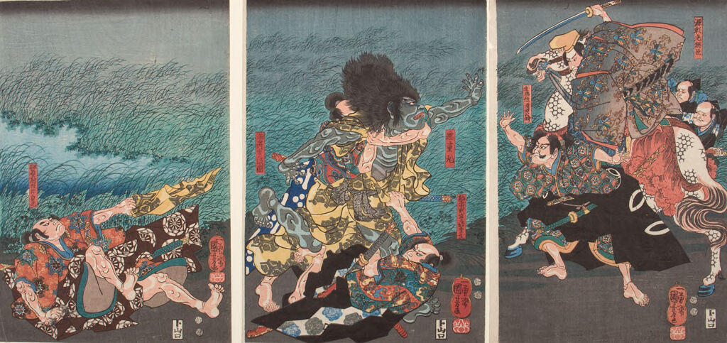 Triptych: The Capture Of Kidomaru By Minamoto No Raikō (Minamoto No Yorimitsu; Kidōmaru)