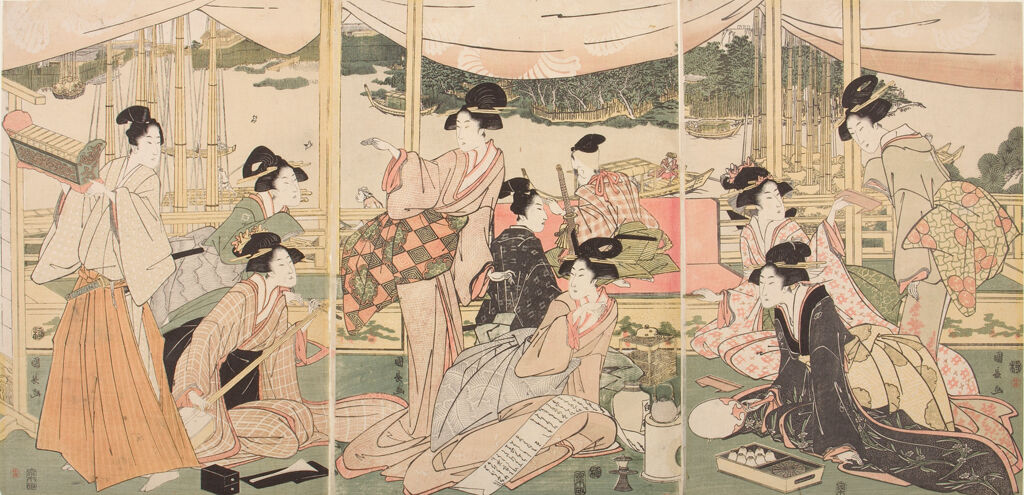 Triptych: Daimyo's Son Viewing The Sumida River