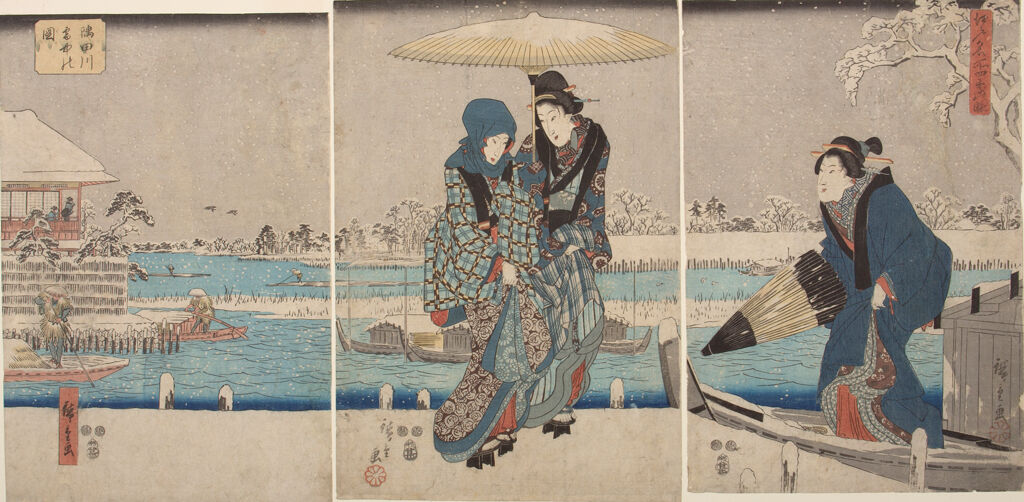 Triptych: Famous Scenes Of Edo In The Four Seasons: Sumida River In Snow