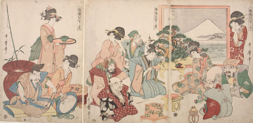 Seven Gods Of Good Fortune And Otafuku Celebrating New Year's From The Series Prosperous And Harmonious Month (Fukutoku Mutsumashi Tsuki)