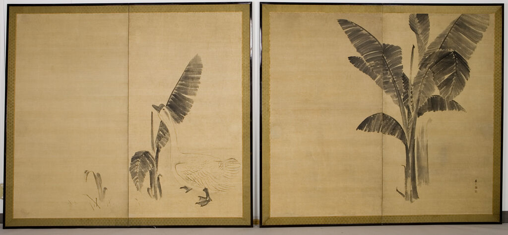 Banana Leaf And Goose : Fusuma Paintings Mounted As A Pair Of Folding Screens