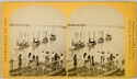 Two black and white photographs of a group of people watching four small boats with passengers moving away from them. 