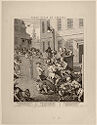 
A print depicting a crowd of men in several groups on a city street torturing several animals.