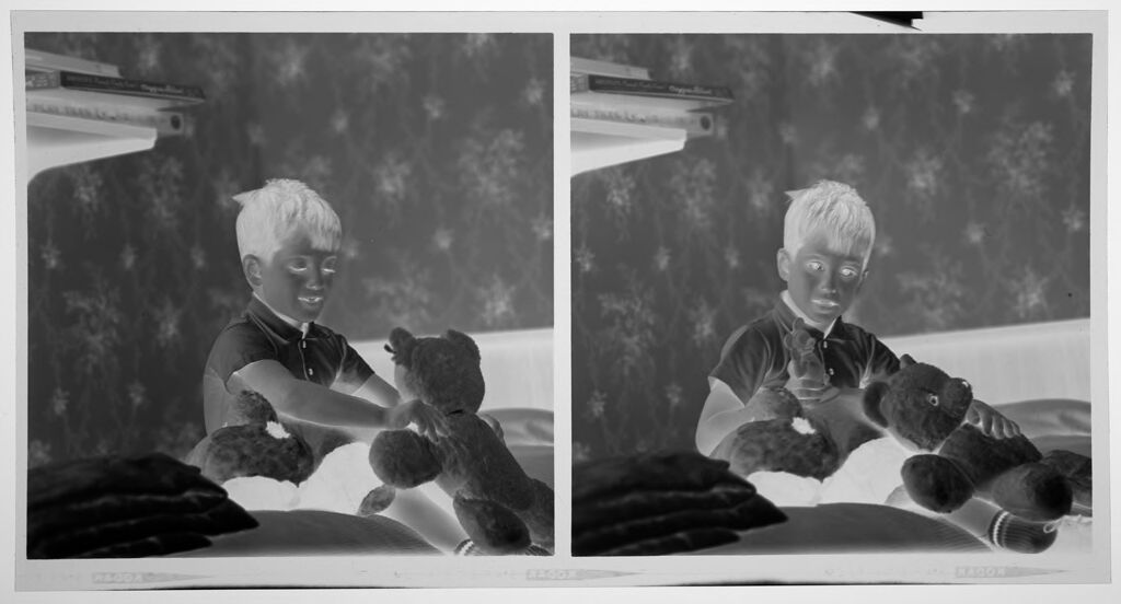Untitled (Medium Format Images Of Young Boy Posed Sitting On Bed With Stuffed Animals)