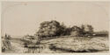 A black and white print of a landscape presents a countryside area with houses, animals and people.