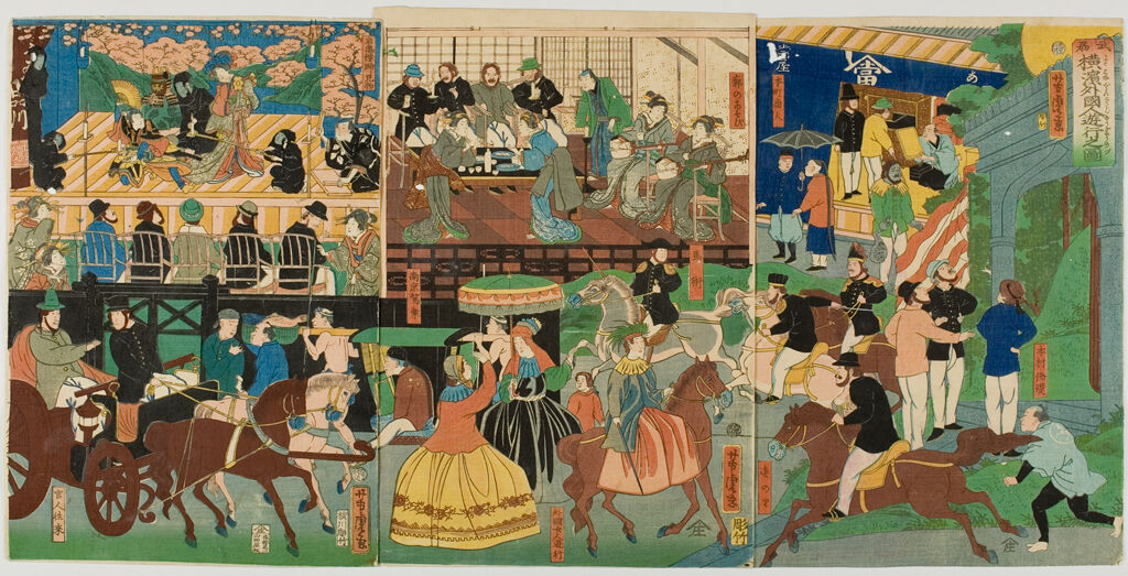 Triptych: View Of The Amusements Of The Foreigners In Yokohama, Bushu (Bushu Yokohama Gaikokujin Yūkyō No Zu), Published By Yamadaya Shōjirō