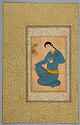 An opaque watercolor painting of a woman crouched down on one knee and wearing blue. She holds a small cup in one of her hands. She is framed by a white rectangle, which is inside a larger yellow rectangle. The entire framing rectangles are decorated with a small, golden pattern.