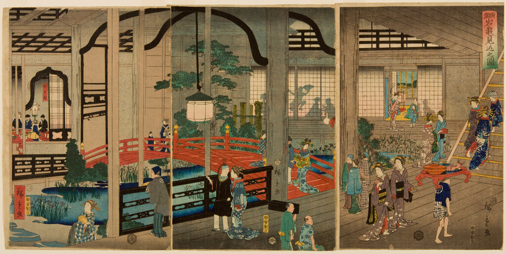 Triptych: View Of The Interior Of The Gankirō Tea House In Yokohama (Yokohama Gankirō No Zu), Published By Daikokuya Kinnosuke