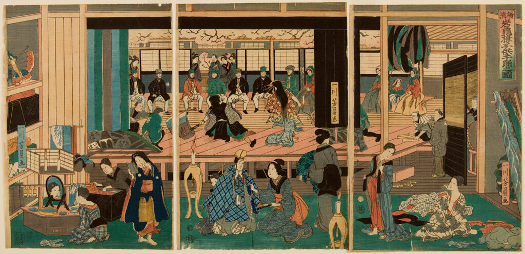 Triptych: Foreigners Enjoying Children's Kabuki At The Gankirō Tea House (Yokohama Gankirō Kodomo Te Odori No Zu), Published By Maruya Jimpachi