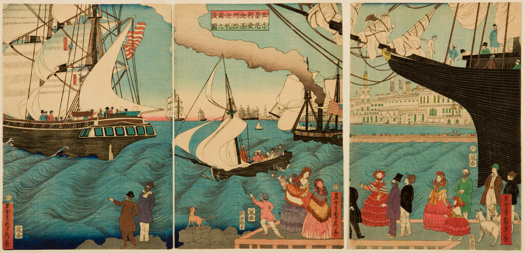 Triptych: Vessels Departing From California, America (Amerikashū Karuharunoyakō Shuppan No Zu)