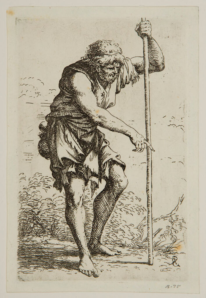 Barefoot Peasant Walking With A Stick