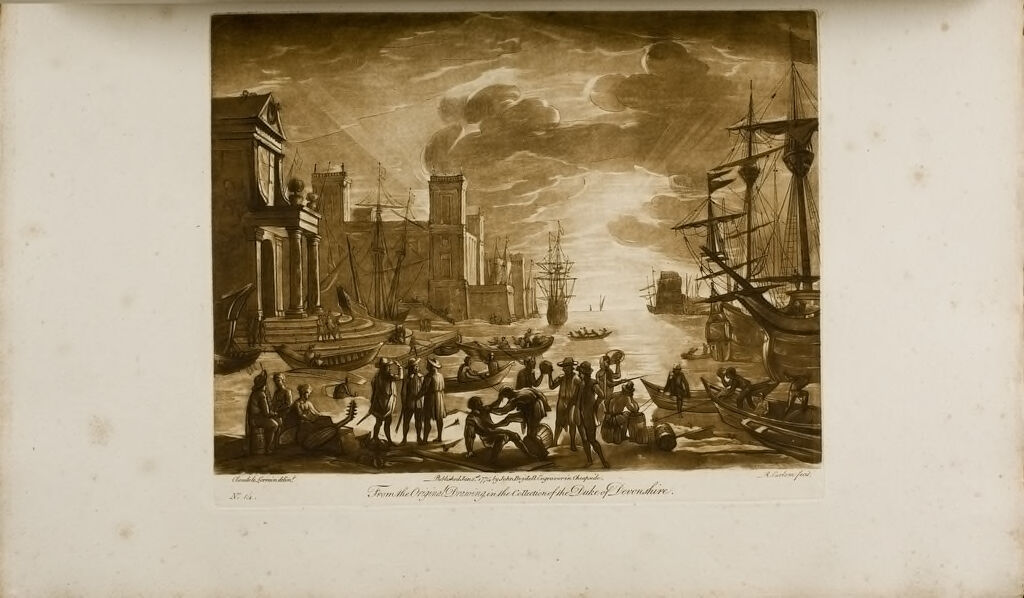 A Seaport, With A Sunset And Many Figures On Shore