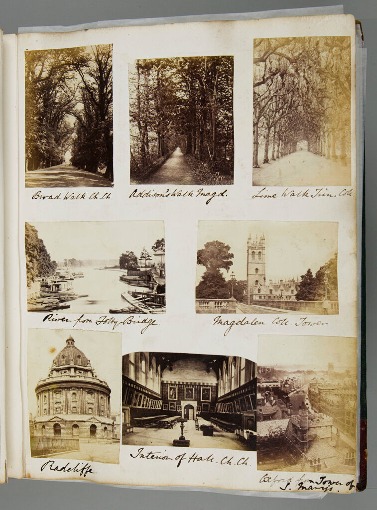 Untitled (Clockwise From Top Left, Broad Walk, Christ Church College; Addison's Walk, Magdalen College; Lime Walk, Trinity College; Magdalen College Tower; Oxford From Tower Of St. Mary's; Interior Of Hall, Christ Church College; Radcliffe; River From Folly Bridge; Verso: Photograph Of Drawing Of Archdeacon Denison; Dr. Lightfoot Of Exeter; Professor Jowett, And  Dr. Jacobson. Figures In Drawing Are Named In Greek, The Key Is Inscribed Below.)