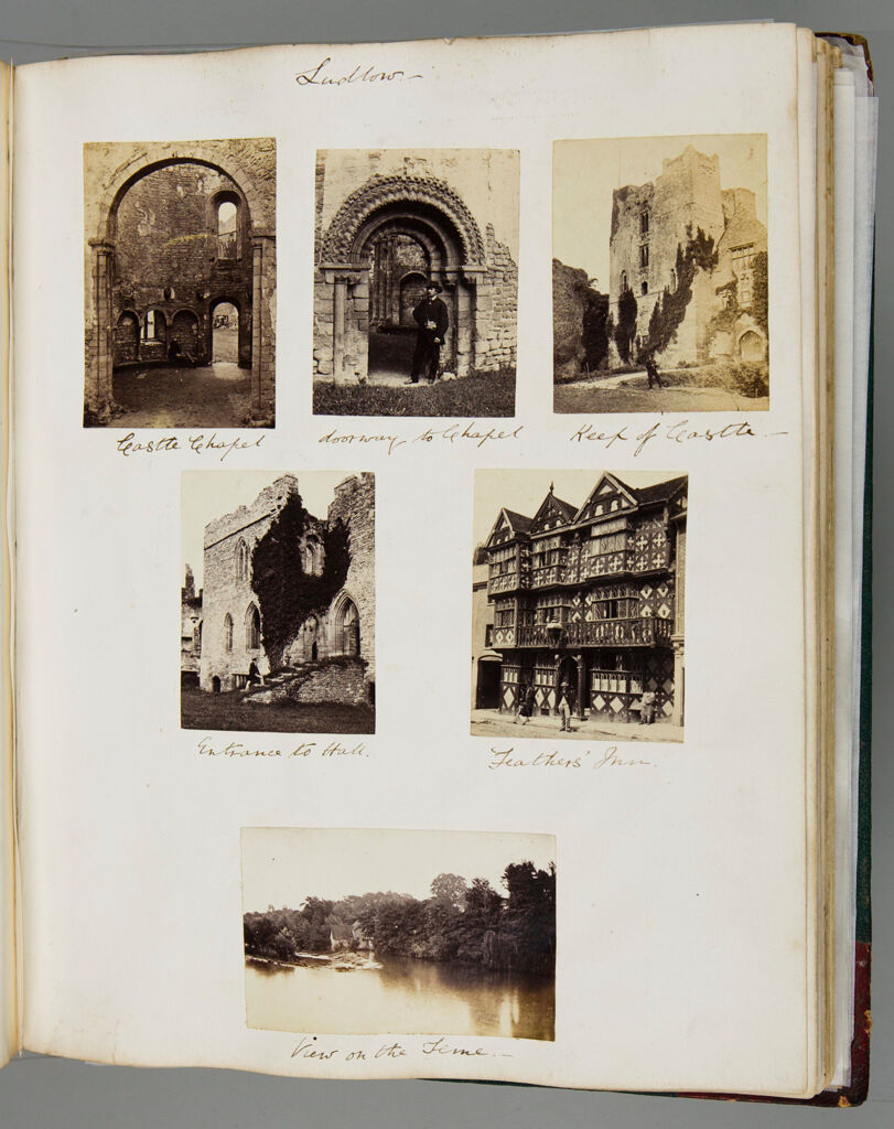 Untitled (Six Views In Ludlow England, Clockwise From Top Left, Ludlow Castle Chapel Figure In Background; Doorway To Chapel With Unidentified Man; Keep Of Ludlow Castle; Feather's Inn; View On The Teme; Entrance To Hall At Ludlow Castle; Verso: Five Photographs, Clockwise From Top Left, Ludlow Castle; Stoke Church Near Guildford; St. Mary's Church, Guildford; View Of Guildford From Above; Archbishop Abbott's Hospital Guildford)