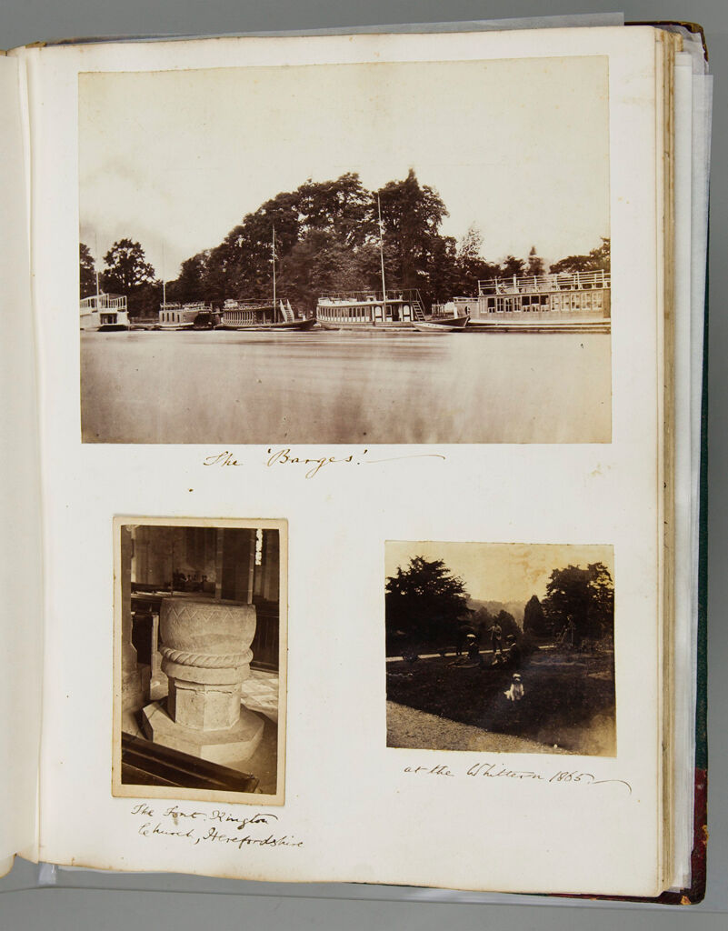 Untitled (Three Photographs, Top, The 'Barges'; Bottom Right, At The Whittern, 1865; Bottom Left, The Font, Kington Church, Herefordshire; Verso: Five Photographs, Clockwise From Top Left, Ashford Church (Missing From Album); Choir Of St. George's Windsor; Rochester Castle; Brenckburn Priory Northumberland; Kit's ? House, Aylesford, Maidstone)