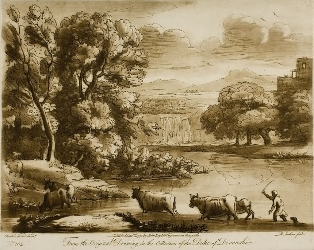 Landscape, With Cattle Passing A Ford