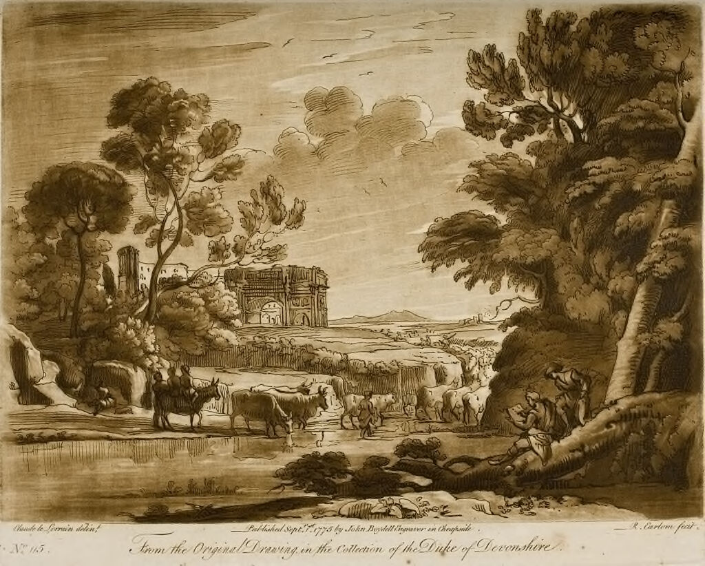 A Landscape, With Peasants And Cattle (The Colosseum And The Arch Of Septimius Severus Are Seen In The Distance.  Claude Himself Also Is Represented Drawing.)