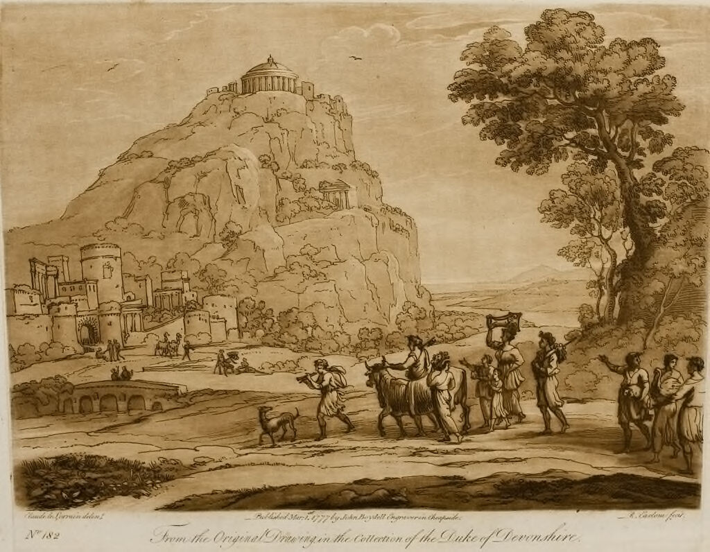 A Landscape, With A Steep Hill And Buildings On The Summit, And A Procession With Victims