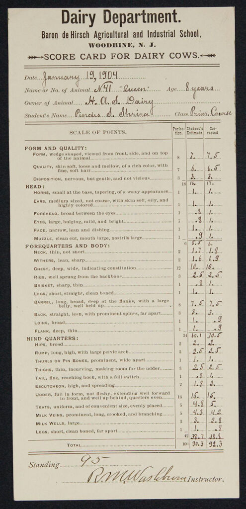 Races, Jews: United States. New Jersey. Woodbine. Baron De Hirsch Agricultural And Industrial School: Woodbine Settlement 1891 - 1904: Exhibit Vi: Dairy Department. Baron De Hirsch Agricultural And Industrial School, Woodbine, N.j. Score Card For Dairy Cows.