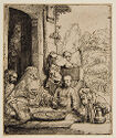 An older man with long white beard is surrounded by three figures all seated outside the doorway of a home.
