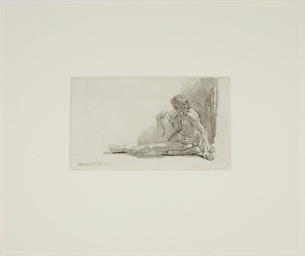 Nude Man Seated On The Ground With One Leg Extended