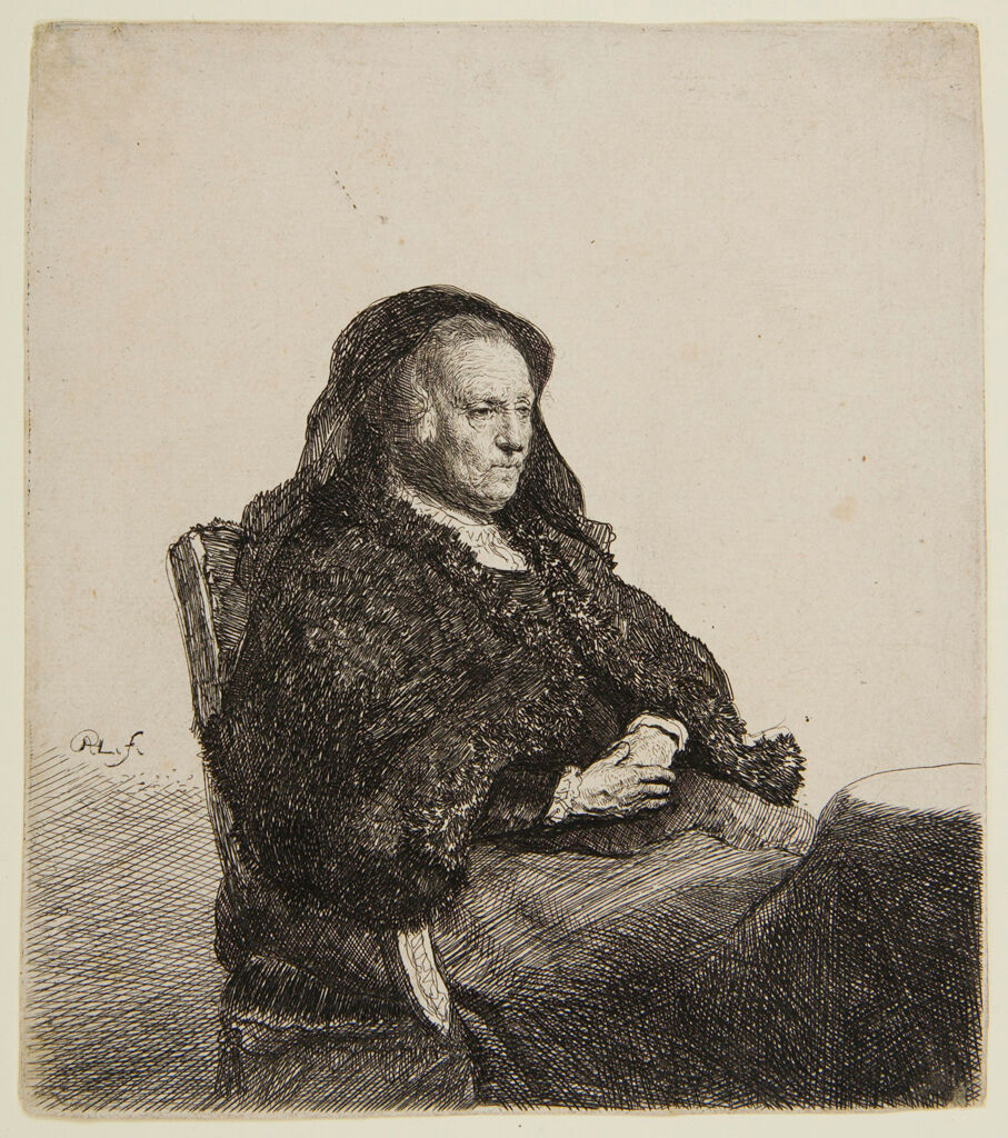 Rembrandt's Mother Seated At A Table, Looking Right: Three-Quarter Length