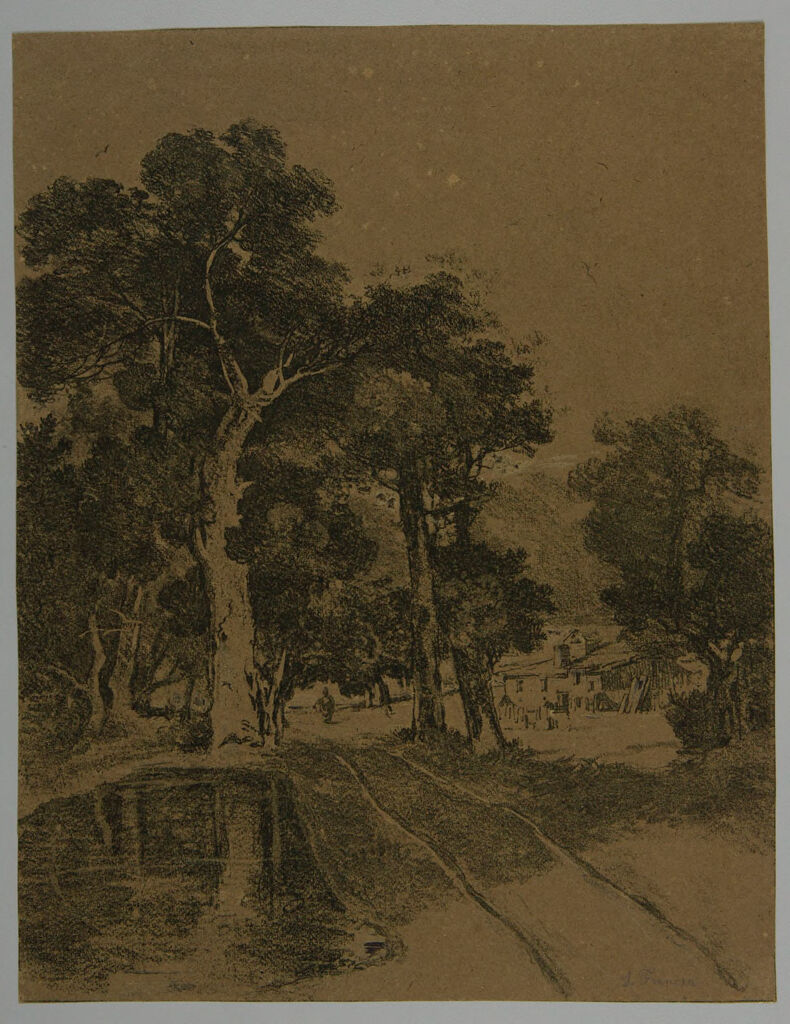 Road Into Trees At Left, Buildings At A Distance