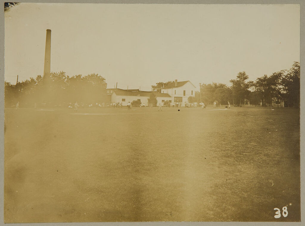 Industrial Problems, Welfare Work: United States. Illinois. Leclaire. Nelson Manufacturing Company: Provision Of Recreational Facilities For Employees. N. O. Nelson Co., Leclaire, Ill.: View Of Leclaire Campus Showing In Background The Club House Containing Bowling Alleys Billiard Room- And Reading Room.  This Campus Is Used For Base-Ball, Foot Ball And Field Sports.