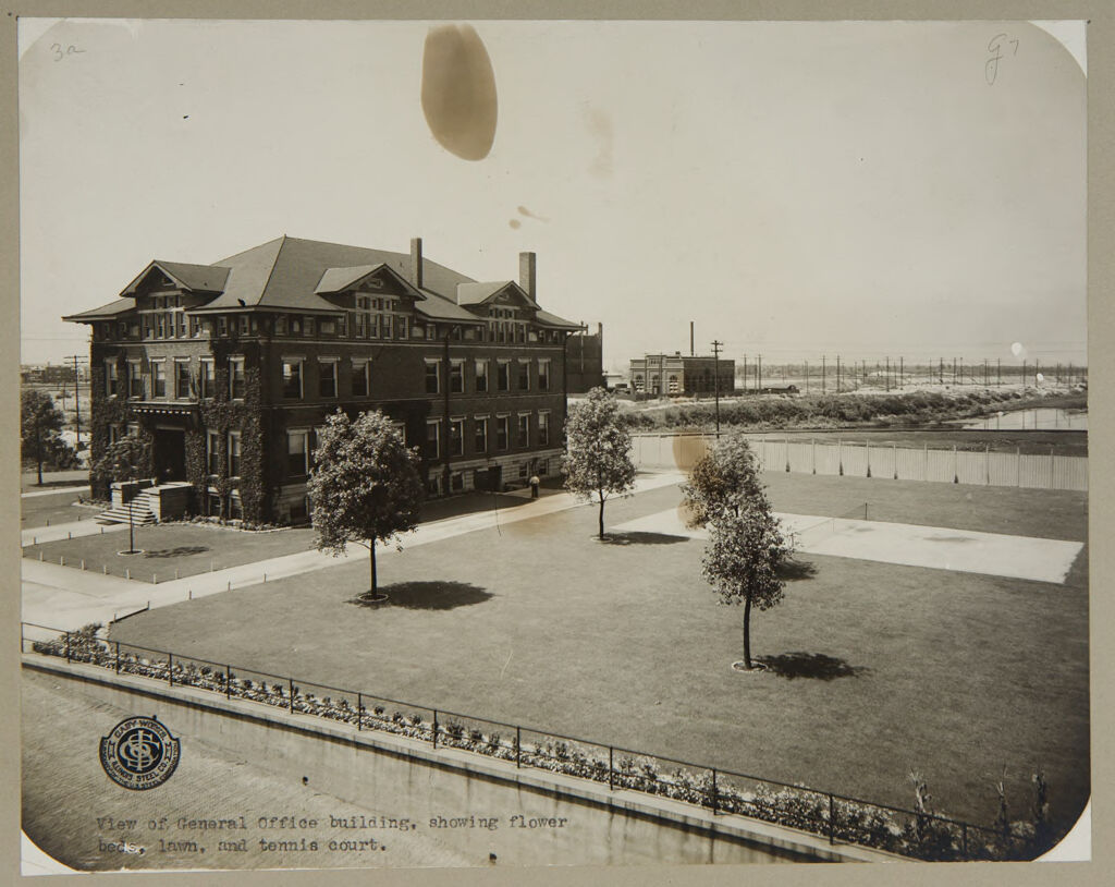 Industrial Problems, Welfare Work: United States. Illinois. Illinois Steel Company: Welfare Of Employees At The Factory: Illinois Steel Company. General Office Building - Flower Beds, Lawn And Tennis Courts.