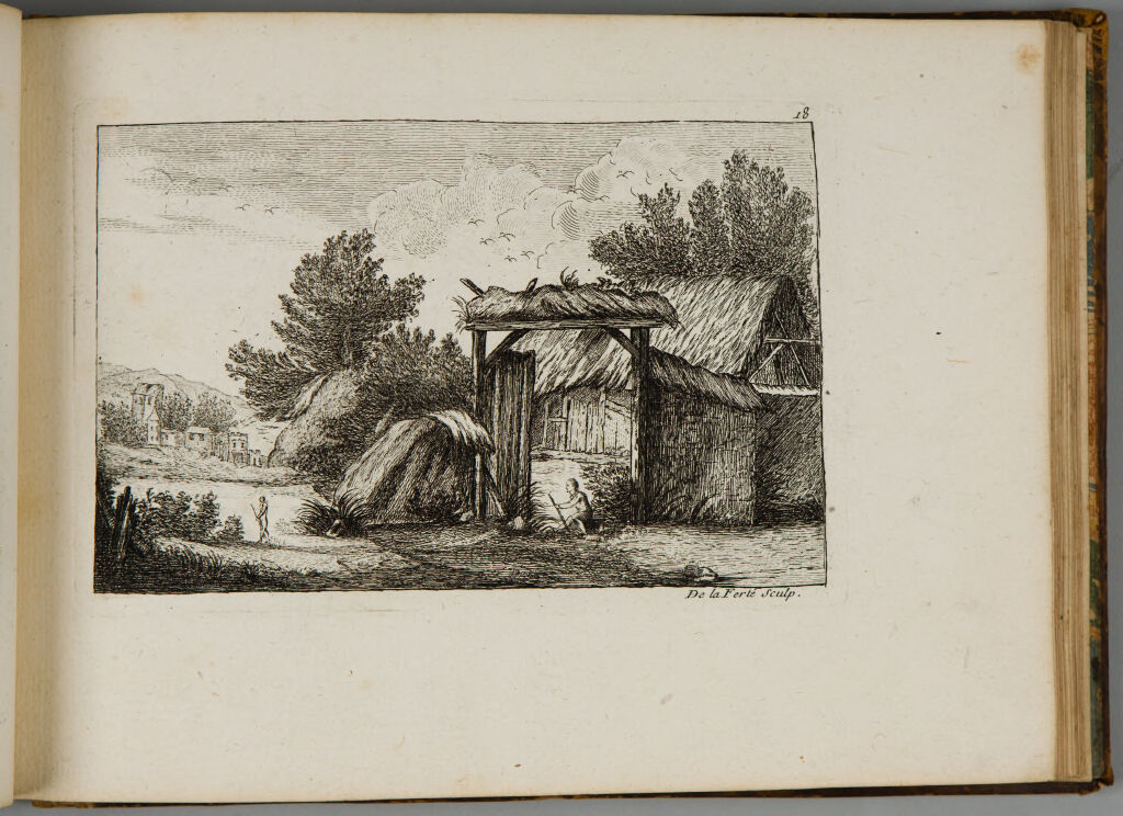 Seated Herdsman In Front Of Enclosure And Thatched Barn
