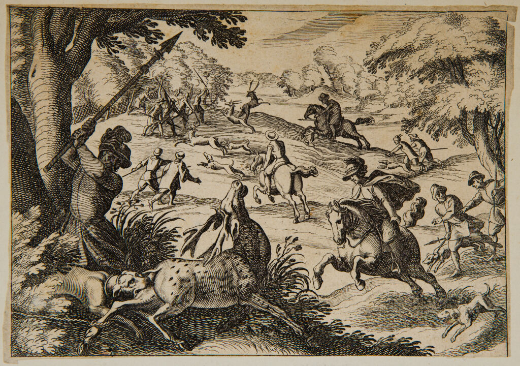 A Stag Hunt, With A Stag Seized By A Dog In The Foreground