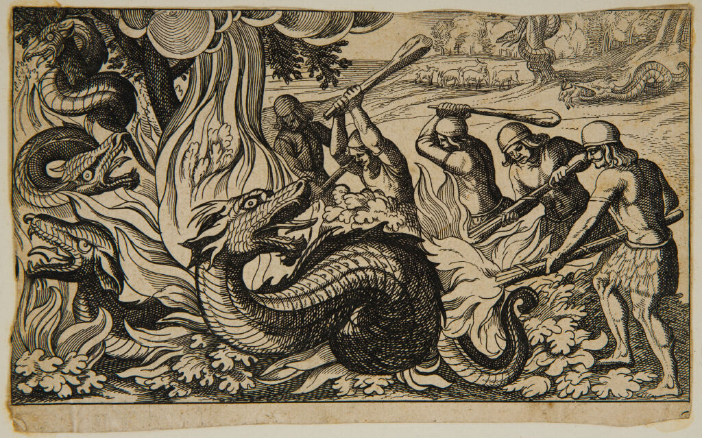 Warriors Fighting A Large Serpent With Torches