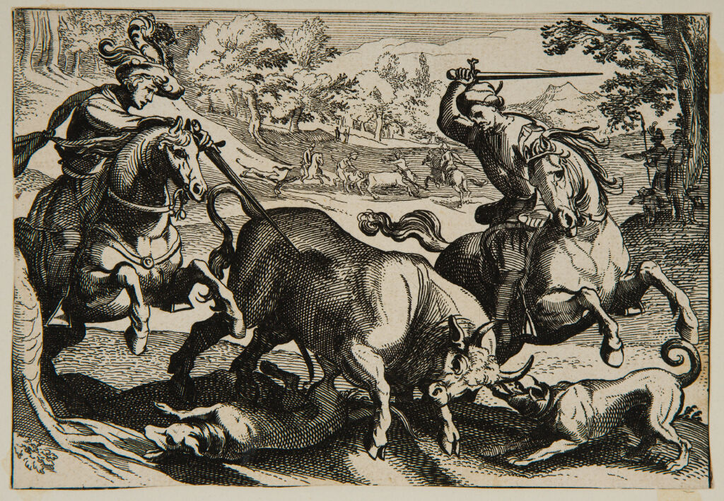 Two Swordmen On Horseback And Dogs Killing A Bull