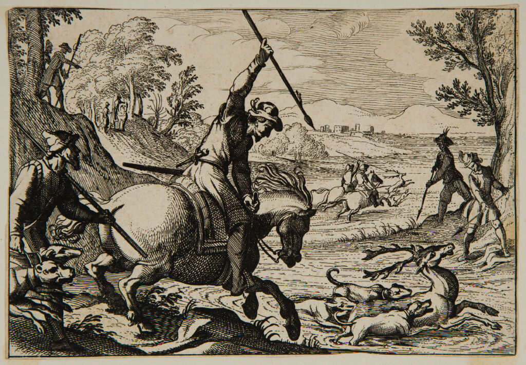 Men With Spears And Dogs Chasing A Swimming Stag