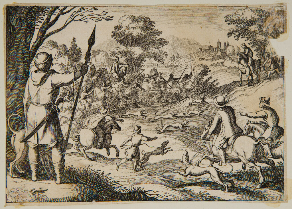 A Rabbit Hunt, With Men Chasing Rabbits From The Underbrush