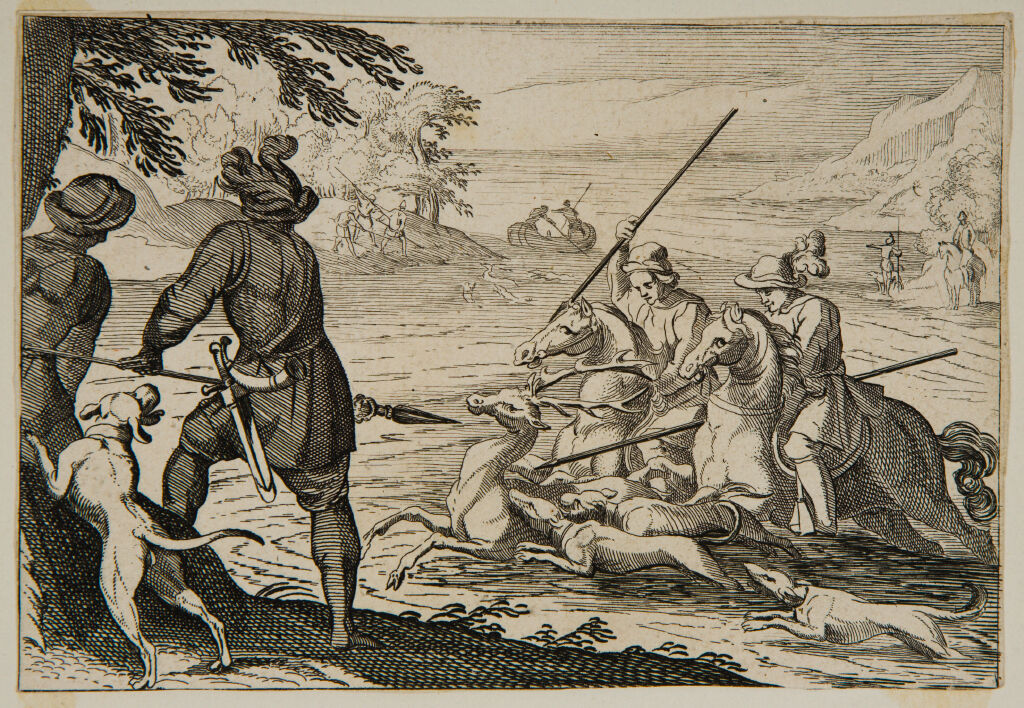 Men On Horseback And Dogs Hunting A Stag In A River