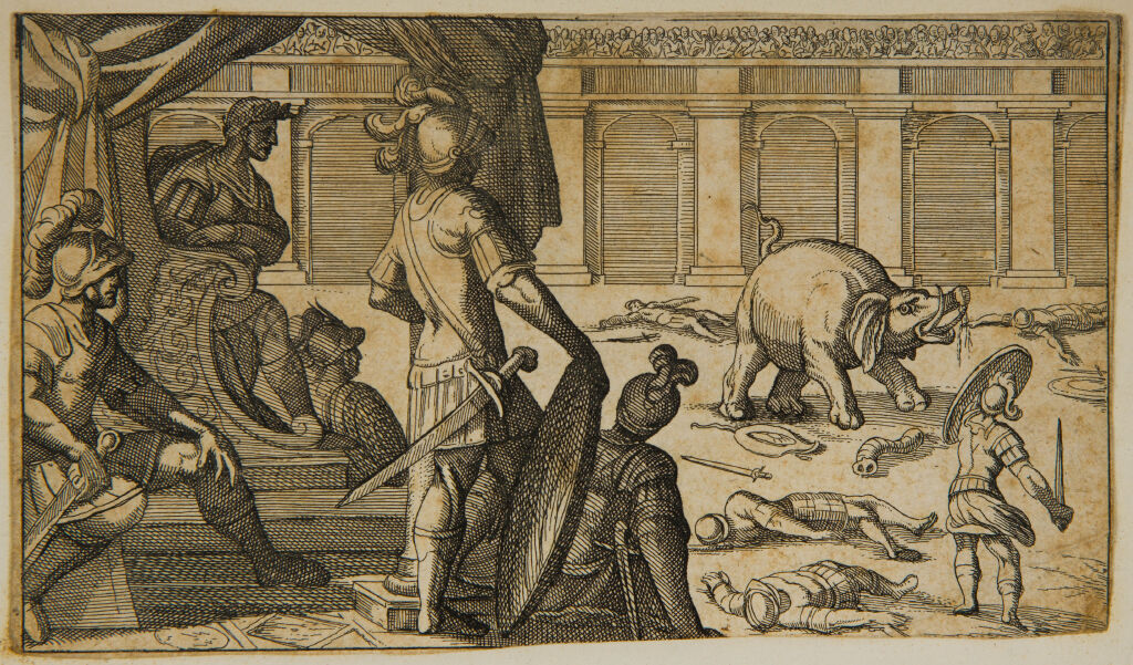 Gladiators Fighting An Elephant In An Arena
