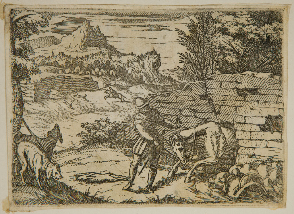 A Dismounted Rabbit Hunter Attempts To Extricate His Horse From A Wall