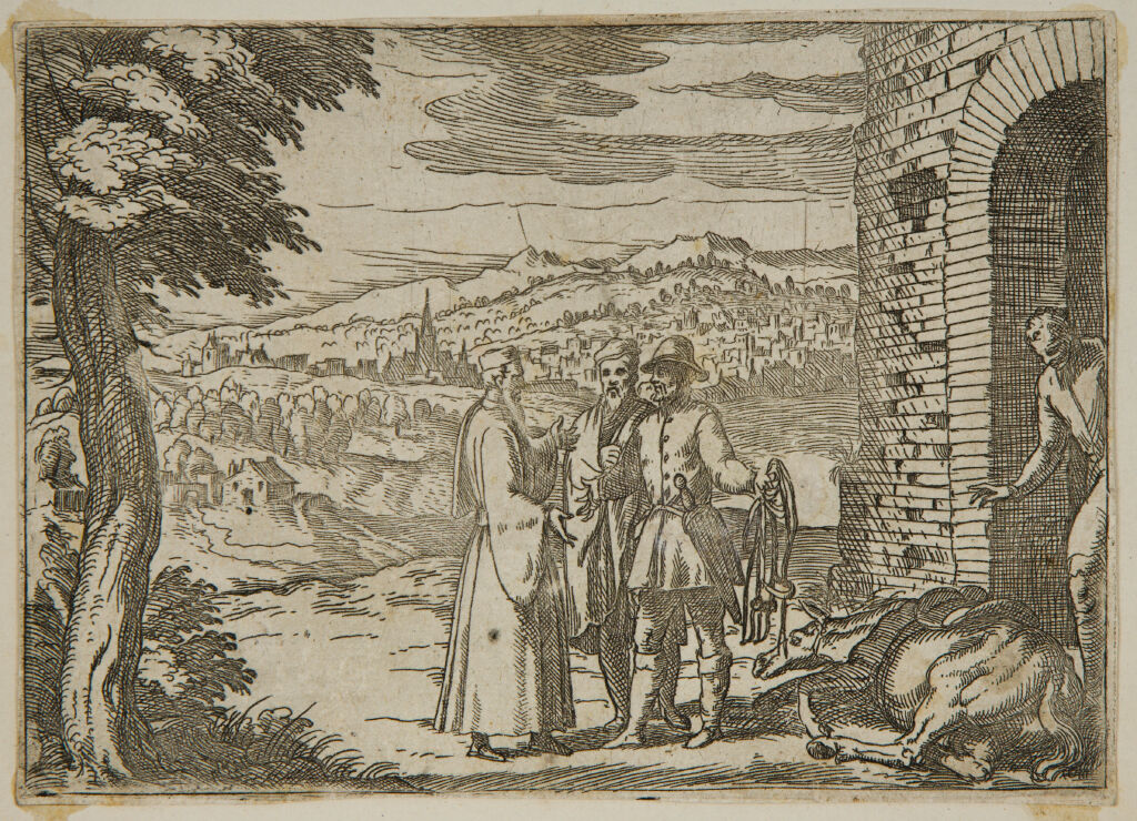 A Dismounted Horseman, Bridle In Hand, Shows His Dead Mount To Others