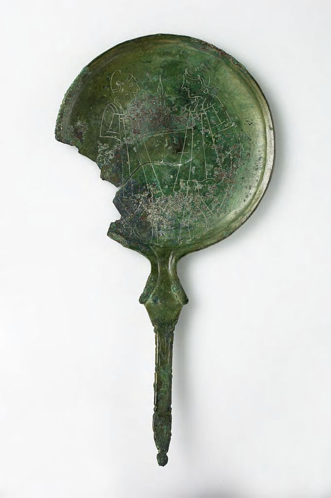 Engraved Circular Hand Mirror With Animal Head Terminal
