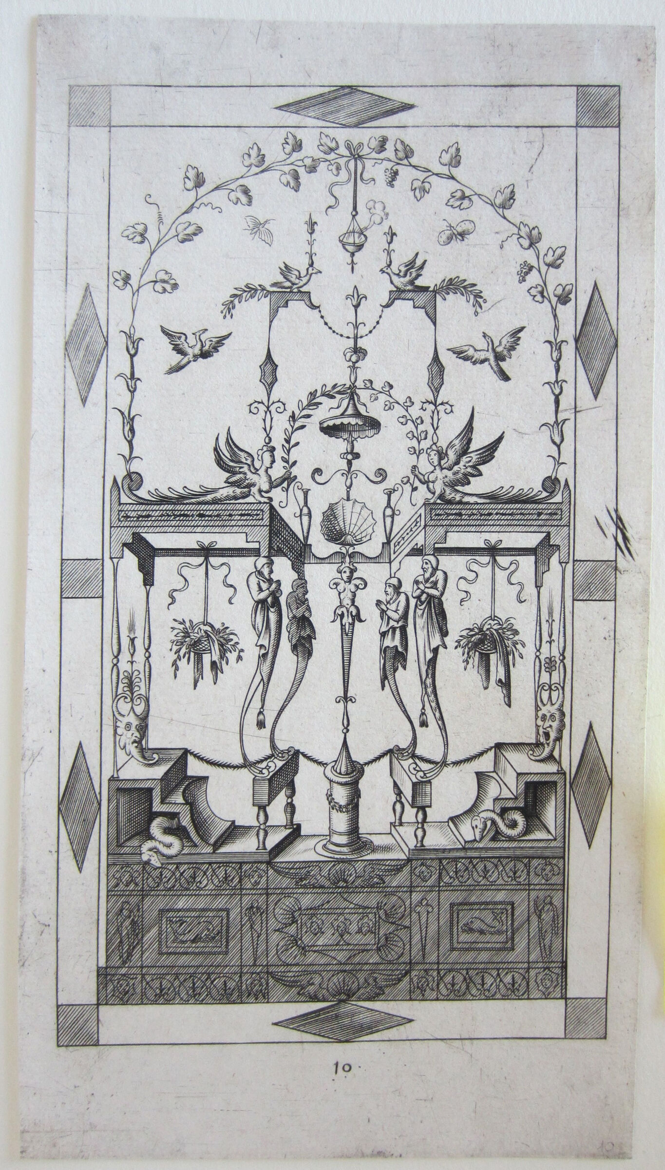 Grotesque With Four Clothed Terms And One Nude And Armless Term Supporting A Canopy And A Scallop Shell