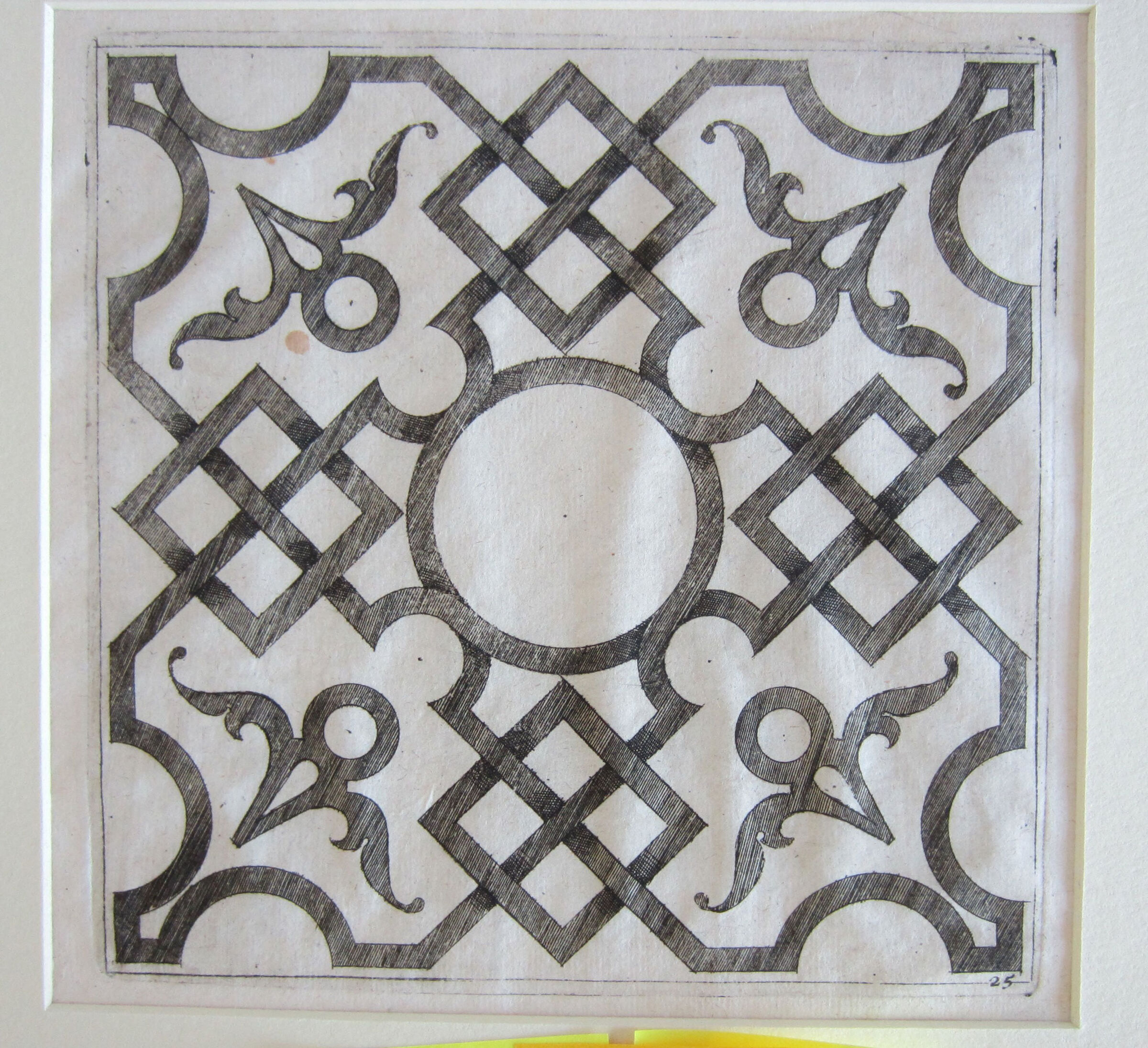 Interlace Centered By A Circle, Four Smaller Circles With Scrolling Ornament Floating In The Corners
