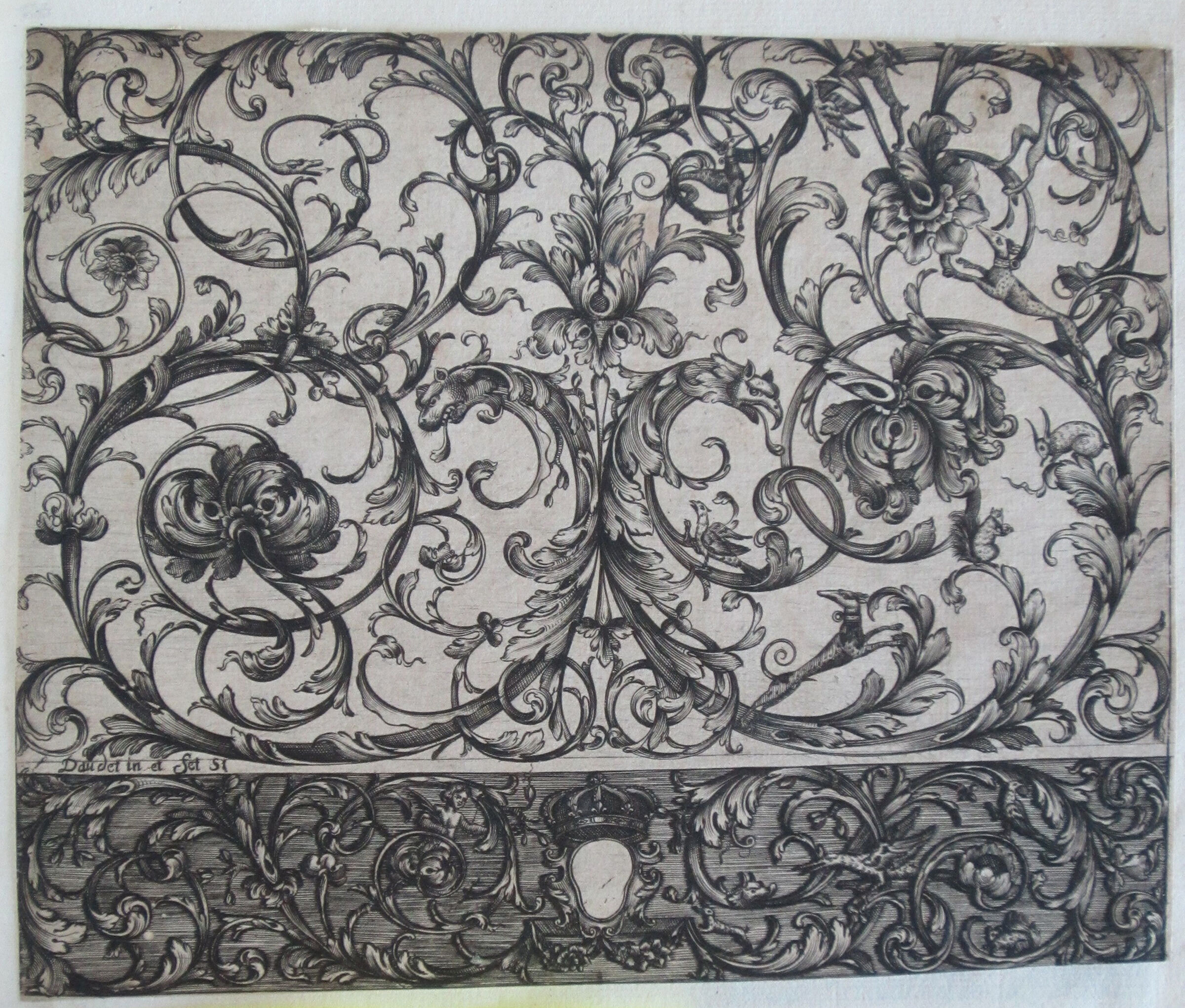 Two Panels Of Foliate Moresque, The Upper With A Hound Chasing A Bird And A Hare, The Lower With A Keyhole Below A Crown