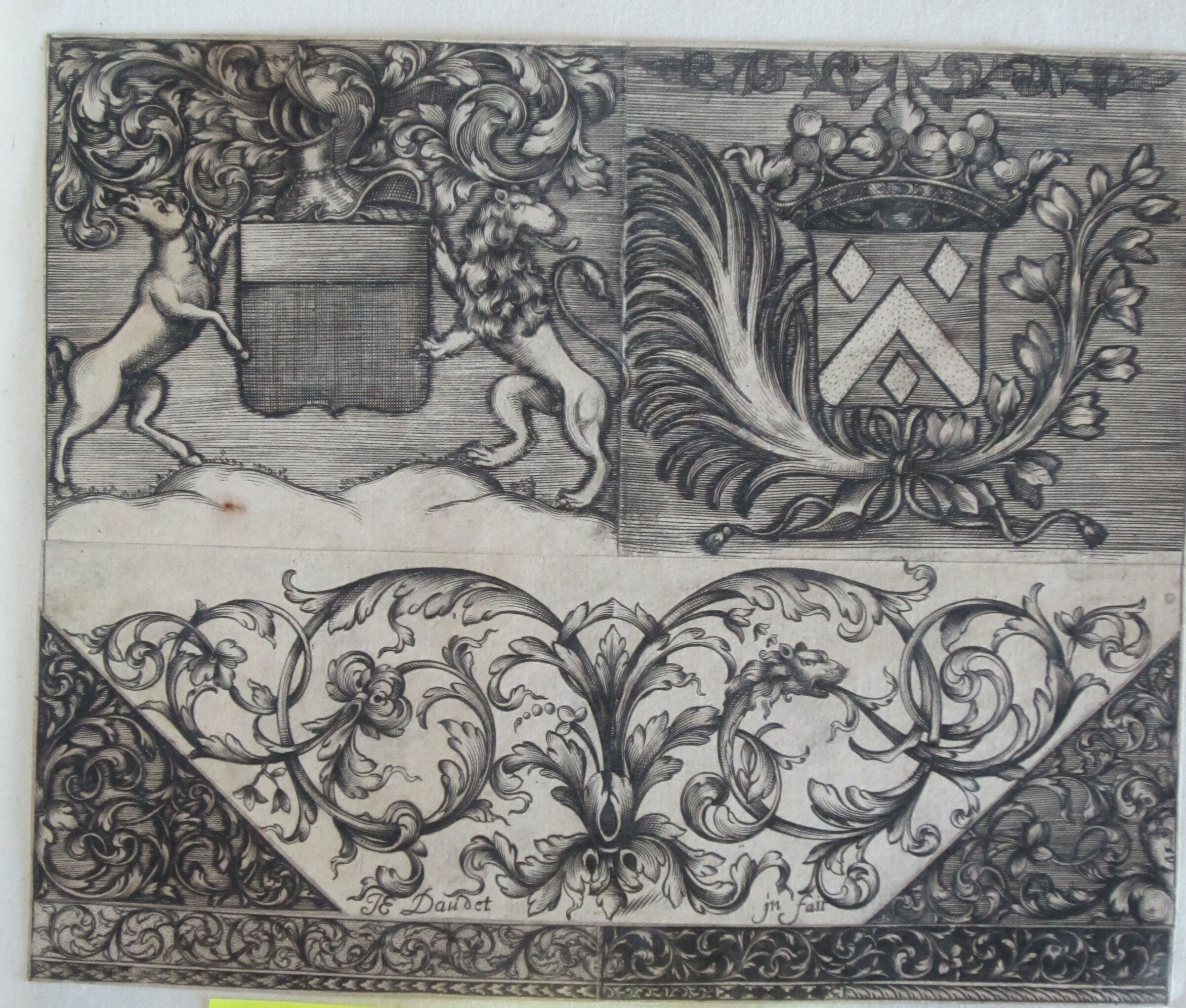 Three Panels Of Ornament, The Upper Two With Armorial Designs, The Lower A Foliate Moresque