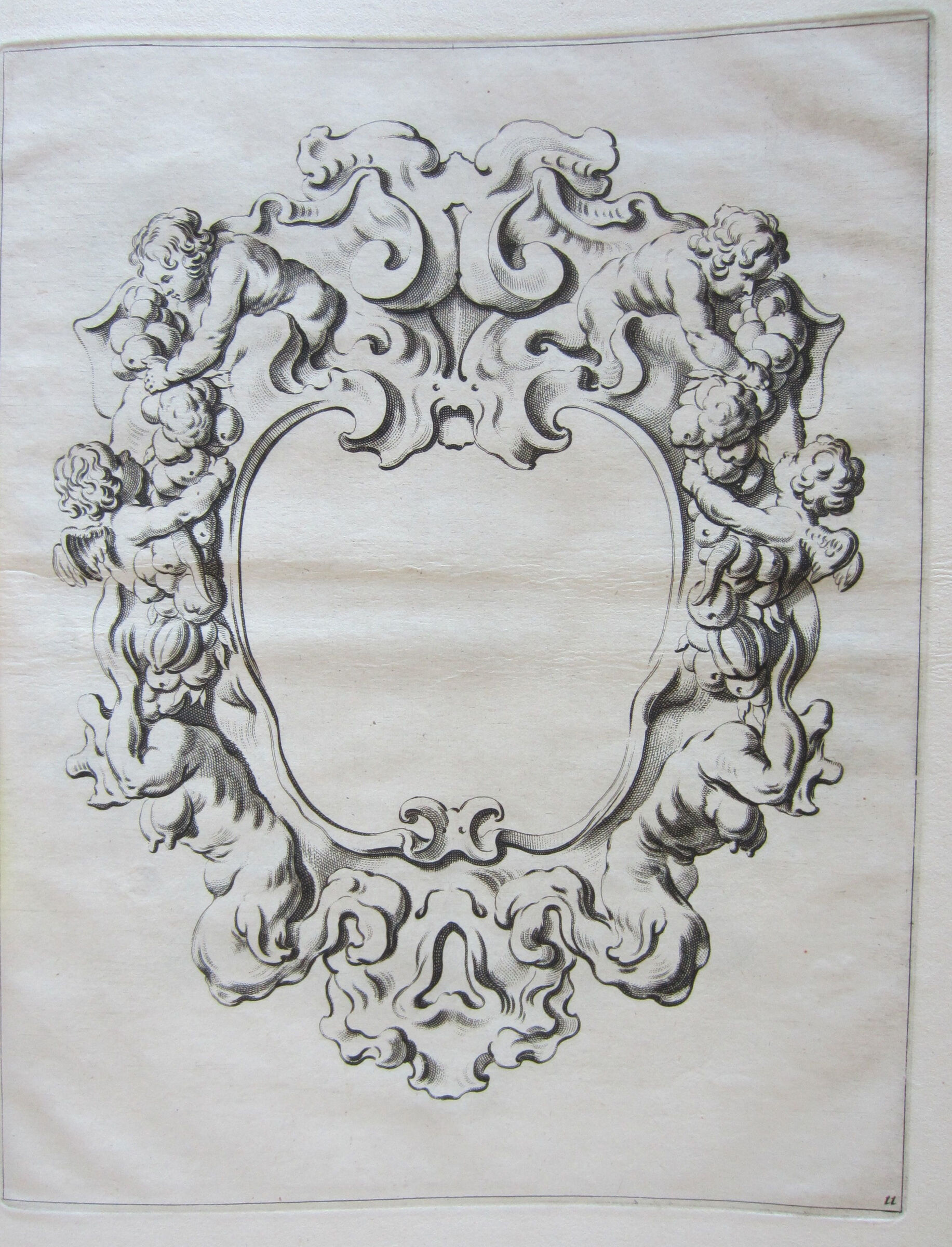 Auricular Cartouche With Four Putti, Two With Wings, And Monstrous Female Figures Grasping Fruit Garlands