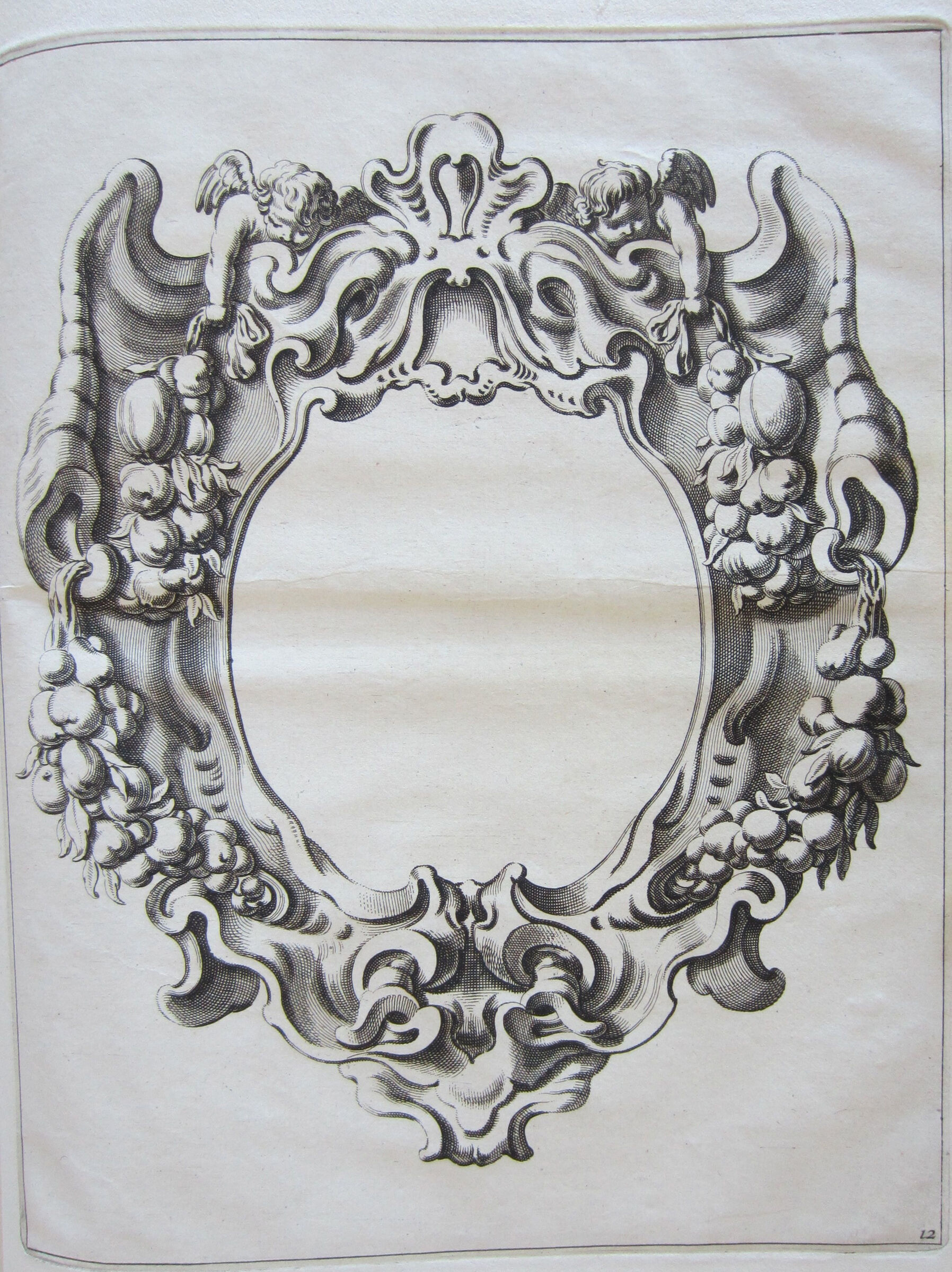Auricular Cartouche With Two Winged Putti Holding Fruit Garlands With Ribbons